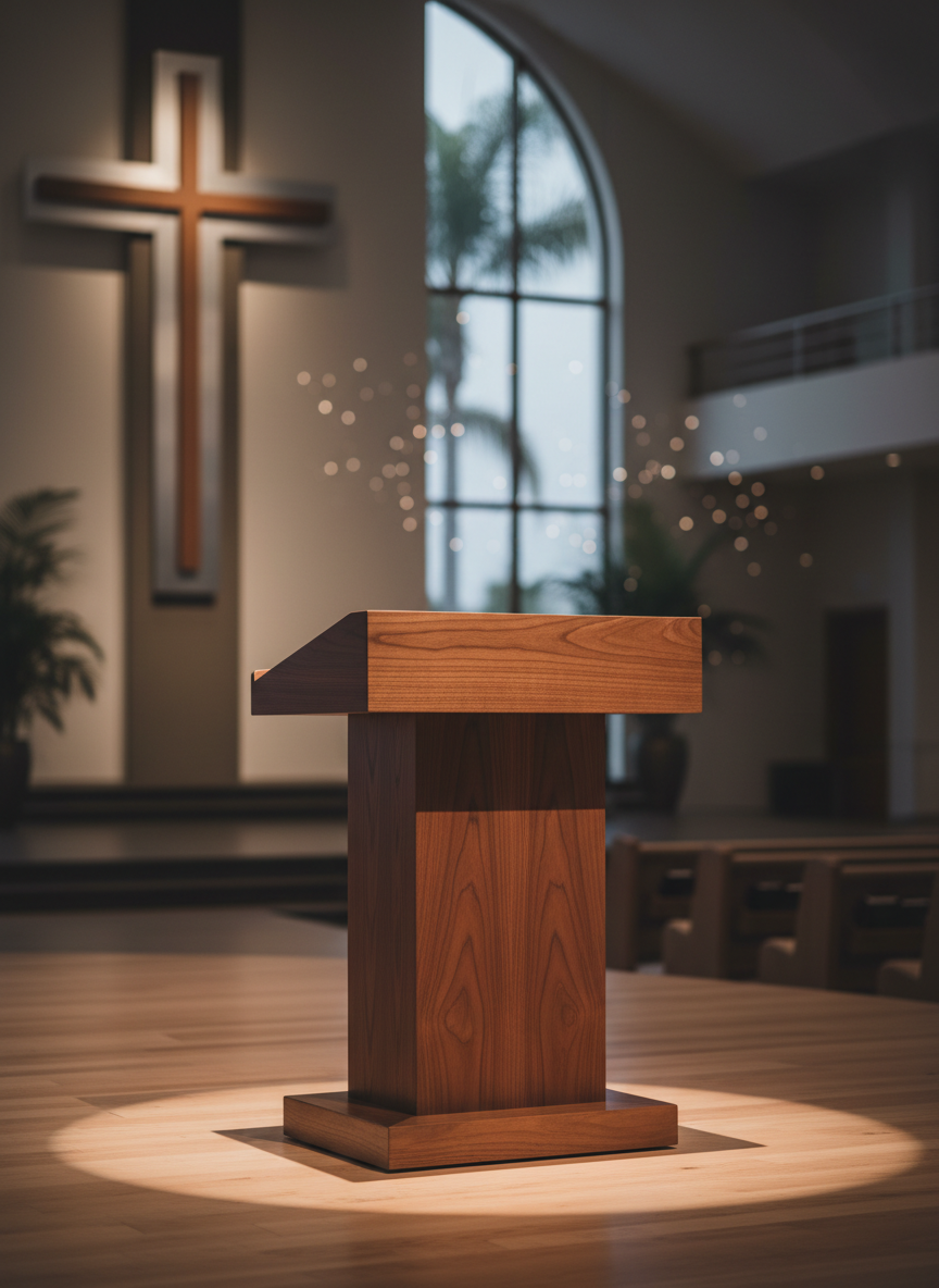 A polished wooden lectern standing at the center of a modern church stage, its smooth grain and rich walnut tones catching the light. Behind it, a large, softly out-of-focus cross and clean architectural lines suggest a contemporary sanctuary in San Diego. Stage lights from above create a warm, focused pool of illumination around the lectern, while the background falls into gentle bokeh. The atmosphere feels reverent yet welcoming, emphasizing pastoral authority without any people present. Photographic realism, captured at eye level with a shallow depth of field, composed using the rule of thirds to leave ample negative space for website headers or overlay text.
