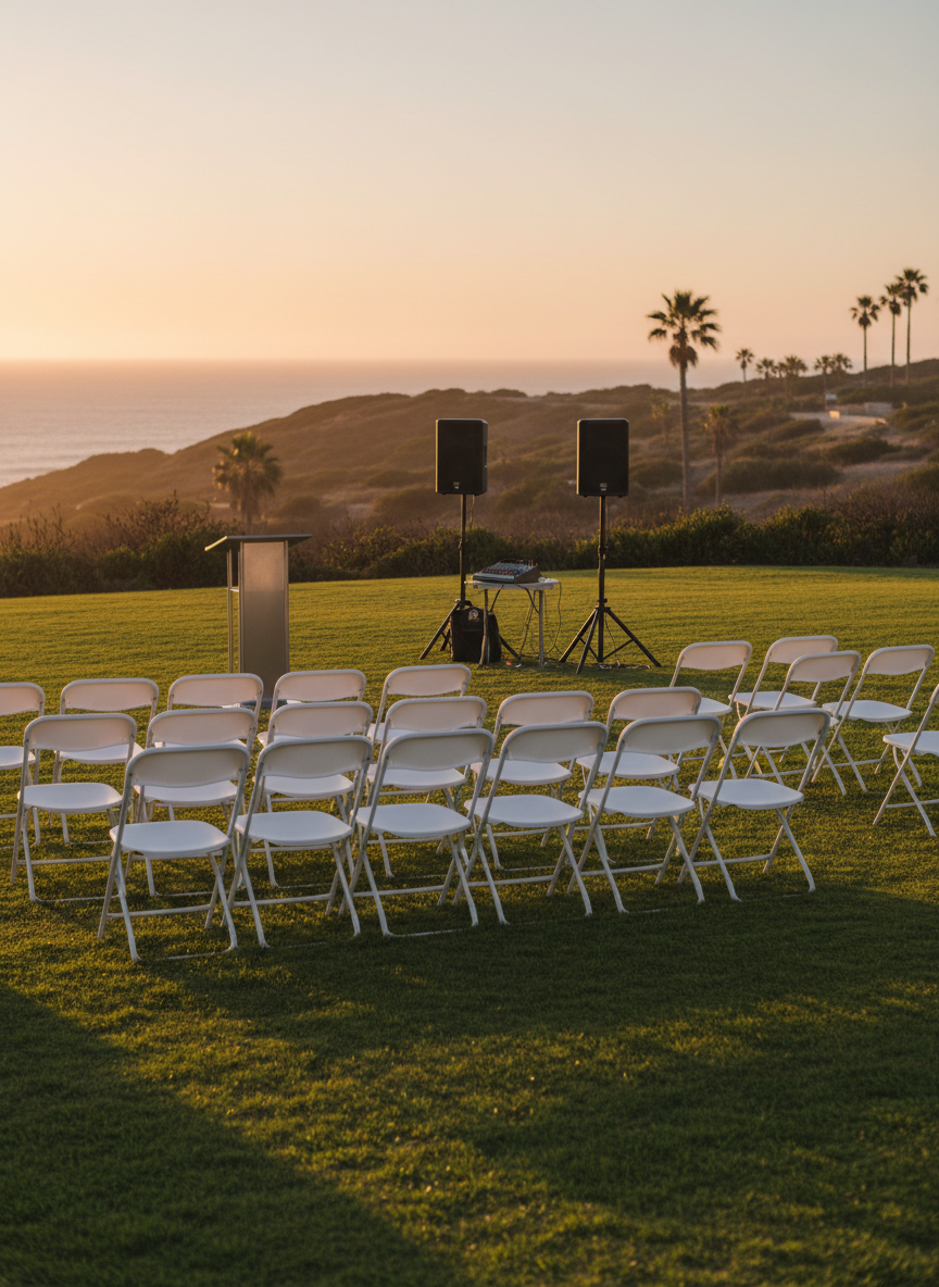An outdoor San Diego ministry setting near the coast, featuring a portable sound system, simple metal podium, and neatly arranged rows of empty folding chairs on a manicured lawn. In the distance, low coastal hills, a few palm trees, and a subtle glimpse of the ocean horizon give context without dominating the scene. Golden hour sunlight bathes the area in warm, soft light, casting long, gentle shadows from the chairs. The mood is hopeful, approachable, and community-focused, suggesting outreach or special services. Photographic realism, captured from a three-quarter angle at standing height, with moderate depth of field, keeping the foreground equipment sharply detailed while the scenic background remains softly rendered.