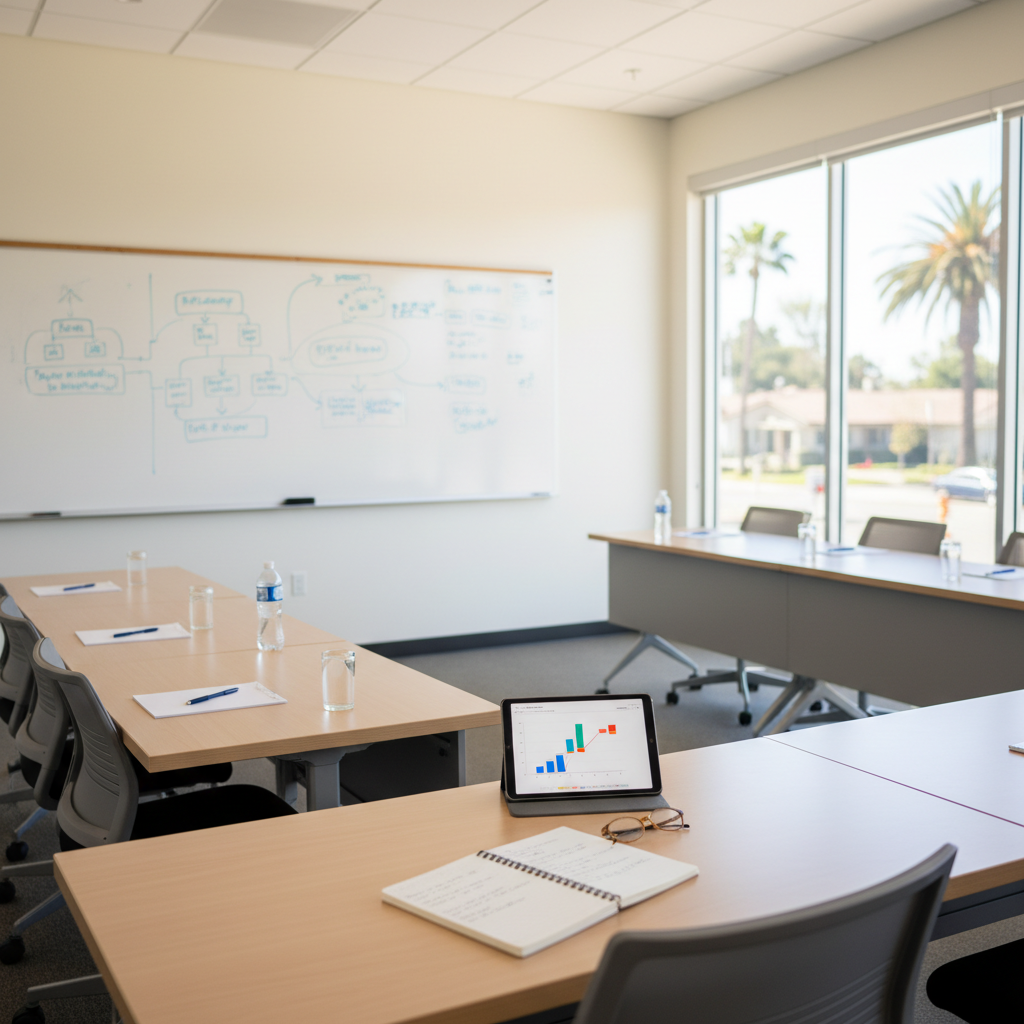 A bright, modern classroom used for leadership training, featuring a large whiteboard filled with faint, partially erased diagrams and arrows, several neatly arranged tables, and a central instructor’s station with an open notebook and tablet. Large windows on one side let in diffused daylight, with hints of palm trees and a sunny San Diego neighborhood blurred beyond the glass. The lighting is crisp but soft, reducing harsh shadows and emphasizing clarity. The mood is energizing yet professional, suggesting structured ministry education and leadership development. Photographic realism, wide-angle perspective from the back corner of the room, with clear focus on the instructor’s station and a gentle falloff in sharpness toward the far walls to create depth.