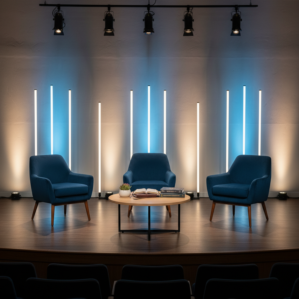 An engaging stage setup for a ministry conference, with three empty, stylish armchairs arranged in a semi-circle on a dark wooden platform, a low coffee table centered between them holding a Bible, a few leadership books, and a small plant. Behind, tall vertical light bars create subtle gradients of blue and warm white against a textured wall, evoking a dynamic yet professional environment. Overhead spotlights define each chair with gentle pools of light, while the surrounding space stays slightly dim. The atmosphere is thoughtful and forward-thinking, ideal for panel discussions on leadership and ministry strategy. Photographic realism, shot from auditorium level with a medium focal length, balanced composition, and soft background blur to keep focus on the stage elements.