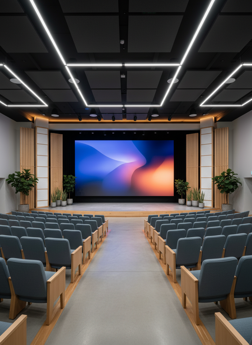A sleek, modern church auditorium interior photographed from the back of the room, showcasing rows of empty, cushioned seats leading toward a minimalist stage. On stage, a large digital screen displays an abstract gradient background without text, flanked by subtle architectural features and potted greenery. Overhead, discreet lighting rigs cast a balanced, even wash of soft white light, with a touch of warm glow near the stage. The atmosphere feels anticipatory and inviting, ideal for sermons, leadership conferences, or teaching moments. Photographic realism, wide-angle lens, sharp focus throughout, with a clean, professional aesthetic and a centered composition that emphasizes both the scale of the room and its welcoming clarity.