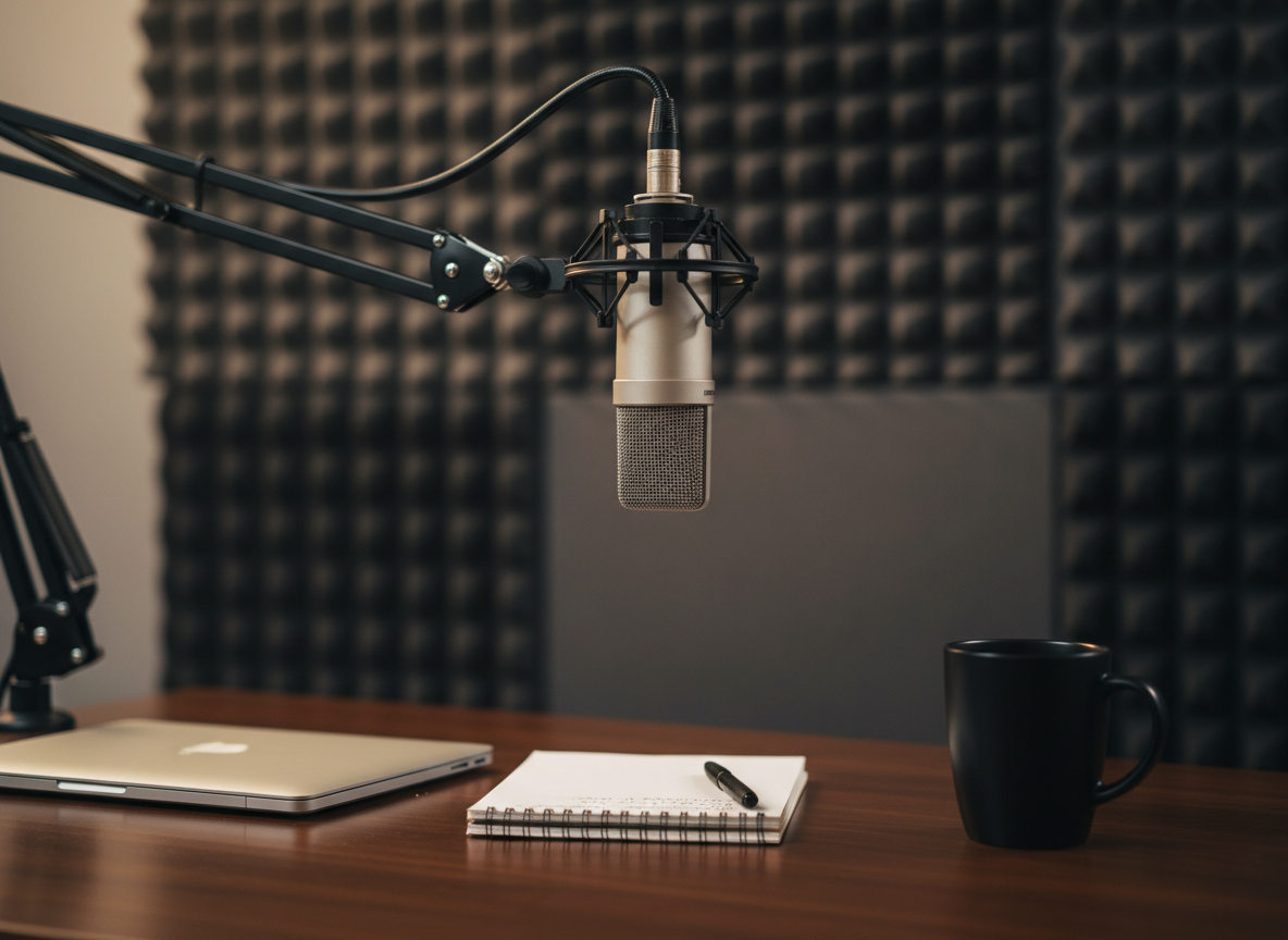 A professional, media-ready recording setup in a small studio, centered on a high-quality condenser microphone mounted on a sleek black boom arm in front of a blank, dark acoustic panel wall. A closed laptop, an open notebook, and a simple ceramic mug rest on a smooth, dark wood table, indicating sermon or podcast preparation. Soft, controlled studio lighting creates a gentle key light from the side, producing subtle highlights on the microphone’s metal grille and delicate shadows on the table surface. The overall mood is focused, creative, and polished, ideal for representing recorded sermons and teaching content. Photographic realism, shot at eye level with a shallow depth of field, the background falling into velvety blur to emphasize the gear and workspace.