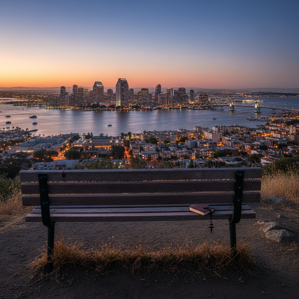 A panoramic view of San Diego’s skyline at dusk as seen from a quiet overlook, with the city’s buildings subtly illuminated and the harbor waters reflecting their lights. In the foreground, a simple wooden bench and a small, closed leather journal resting on one end suggest a place for a pastor’s reflection and prayer. The sky glows with soft pastel remnants of sunset fading into deep blue. The lighting is naturally low yet clear, with city lights sparkling against the darkening scene. The mood is contemplative and hopeful, connecting urban ministry context with personal calling. Photographic realism, wide-angle lens, rule-of-thirds composition placing the bench and journal off to one side for visual interest.