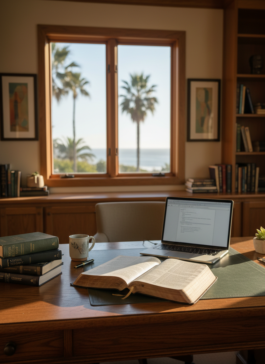 A tidy, well-organized pastoral study with a sturdy oak desk covered in an open leather-bound Bible, neatly stacked theology books, and a slim laptop angled slightly toward the viewer. A large window reveals a hint of San Diego’s coastal light, with palm tree silhouettes blurred beyond the glass. Late-afternoon natural light streams in, creating soft highlights on the pages and gentle shadows across the desk surface. The mood is contemplative and professional, suggesting deep preparation for sermons and teaching. Photographic realism, shot from a slightly elevated angle, with a moderate depth of field keeping the desk in crisp focus while bookshelves and framed abstract art on the walls recede softly into the background.