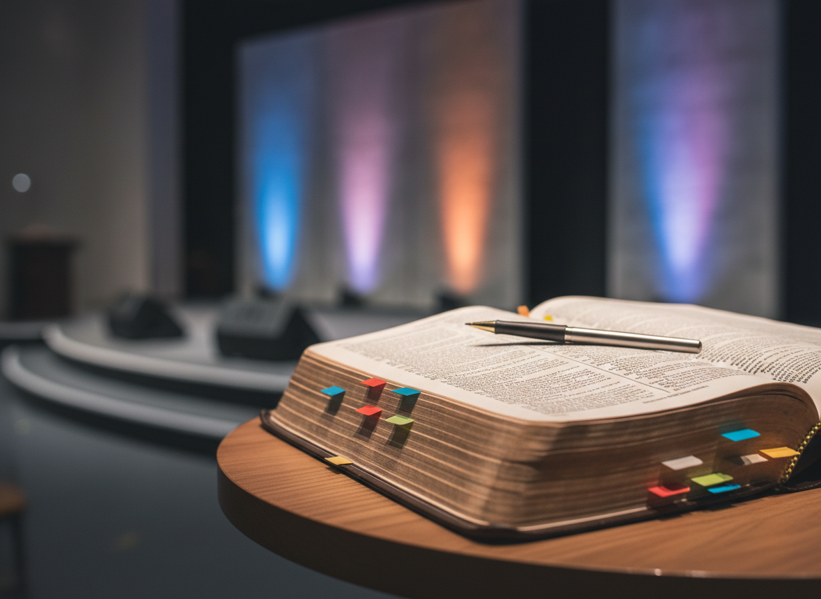 A close-up of a neatly arranged preaching Bible on a small round table beside a stage, its well-worn leather cover slightly creased, with color-coded tabs and a slim pen resting across the open pages. The background reveals an out-of-focus worship space with subtle colored stage lighting and abstract wall textures, hinting at a contemporary church environment. Overhead spotlights create a gentle halo of light on the pages, with soft shadows along the text columns. The mood is intimate, reverent, and studious, highlighting the centrality of Scripture to ministry. Photographic realism, captured from a low, three-quarter angle, with pronounced bokeh that isolates the Bible while still conveying the broader worship context.